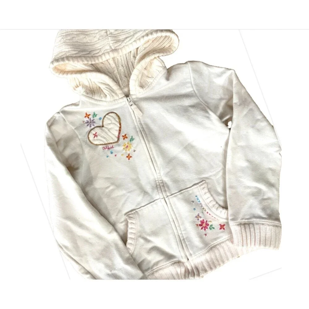 OshKosh B'gosh Girls 6X Hoodie White Zip Jacket Embroidered Floral Heart Cottage